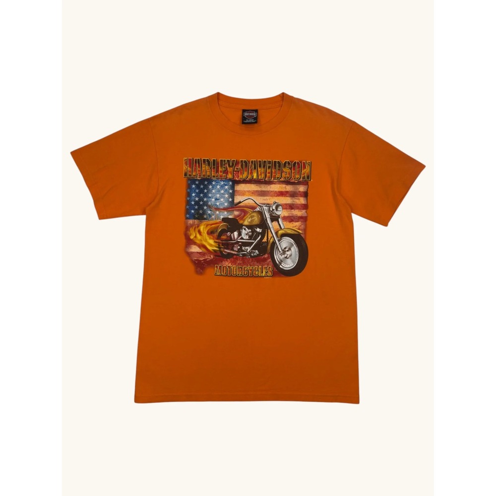 Harley Davidson Mens Large Orange Plourdes Caribou Maine American Flag T Shirt L